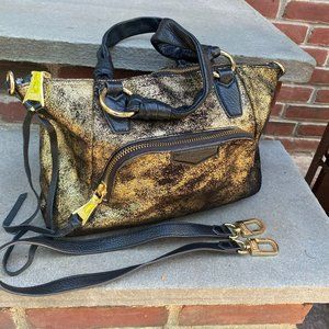Unique Aimee Kastenberg black and gold leather handbag with detachable strap